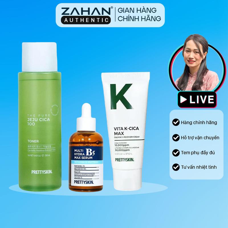 (da dầu) Combo cấp ẩm phục hồi gồm toner rau má The Pure Jeju Cica 100 toner, tinh chất Multi Hydra B5 Max Serum Prettyskin, Kem dưỡng Vita K (3 sản phẩm)