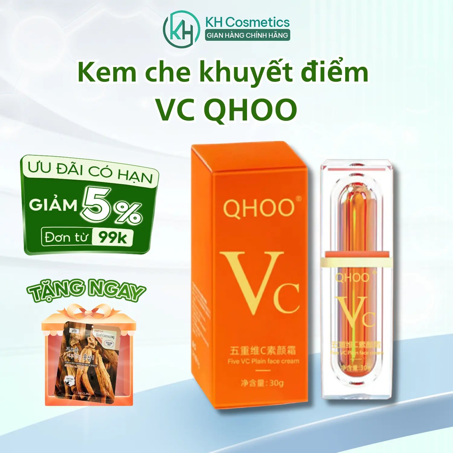 Kem lười che khuyết điểm Vc QHOO - Kem lười QHOO VitaminC che khuyết điểm 5in1 nâng tone da từ Hàn Quốc 30ml - KH COSMETICS Mỹ Phẩm Trang Điểm kem  lottrang Nữ Women