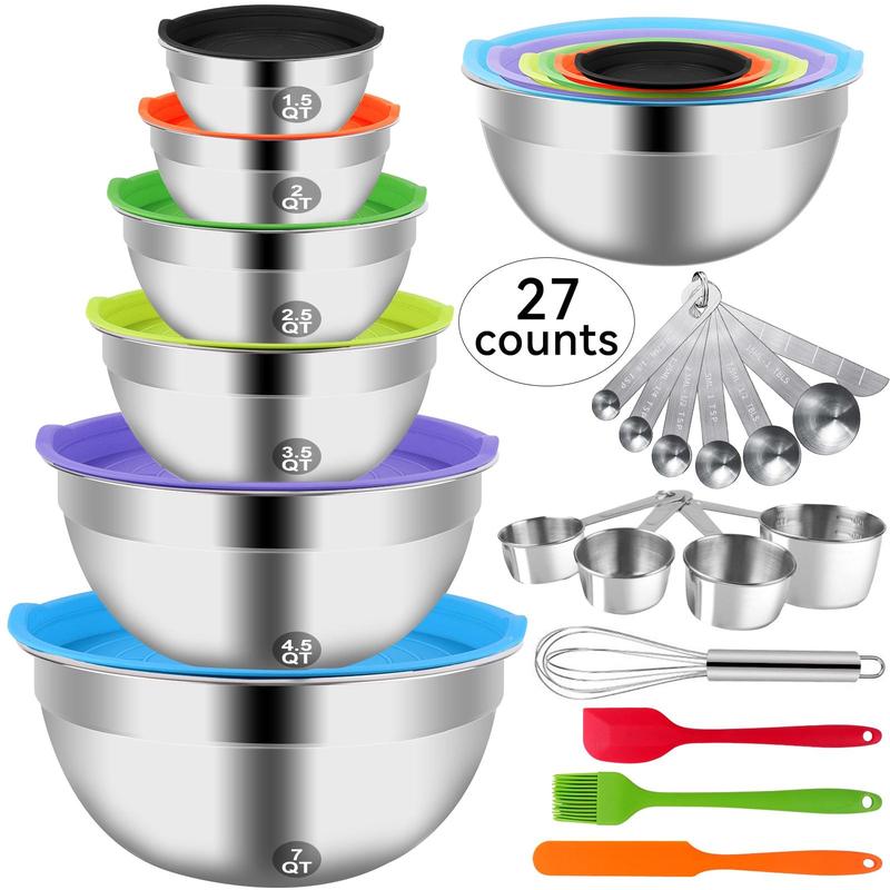 Product Introduction of Kitchen Mixing Bowl with Lid Set, 27pcs/set Baking Sets, Including Nesting Bowls, Measuring Cups & Spoons, Egg Beater, Brush & Scraper, Kitchen Sets, Kitchen Gadgets 0