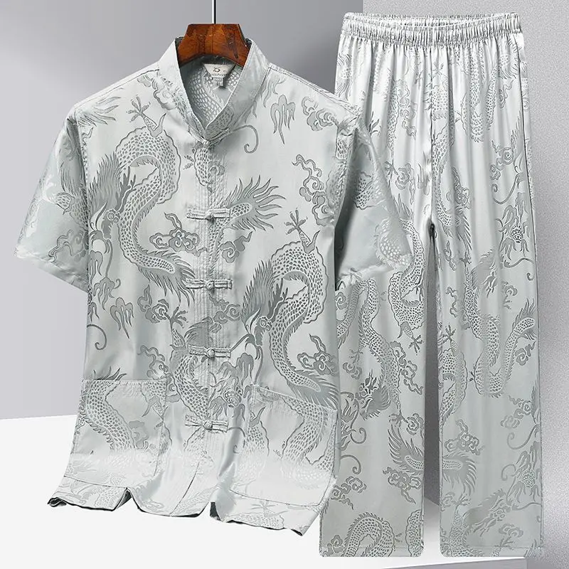 Men's Ice Silk Short-Sleeved Shirt Suit Morning Exercise Tai Ji Suit Summer