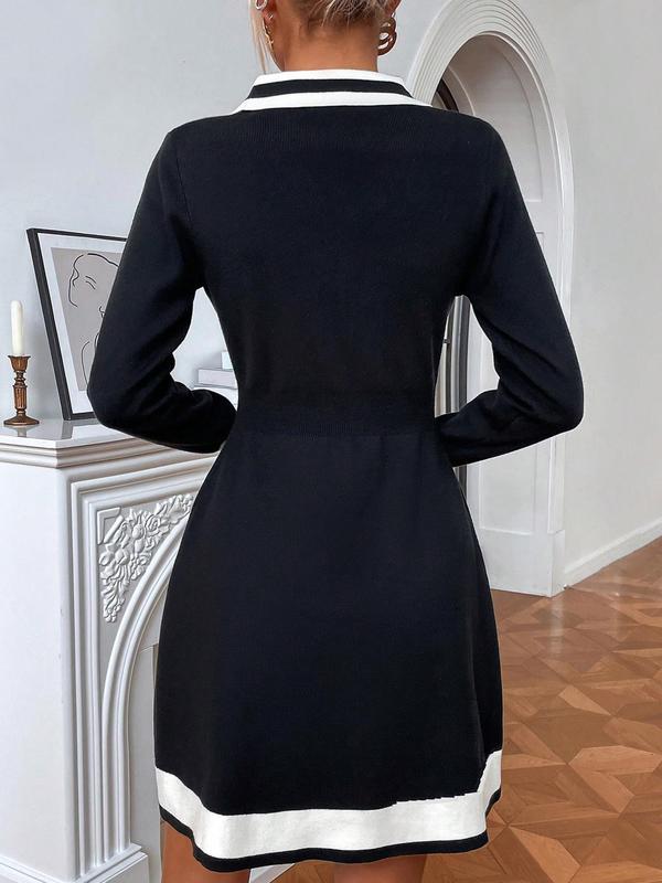 Women's Colorblock Striped Print Button Front Sweater Dress, Casual Long Sleeve Collared A Line Dress for Fall & Winter, Women's Knitwear for Daily Wear 2
