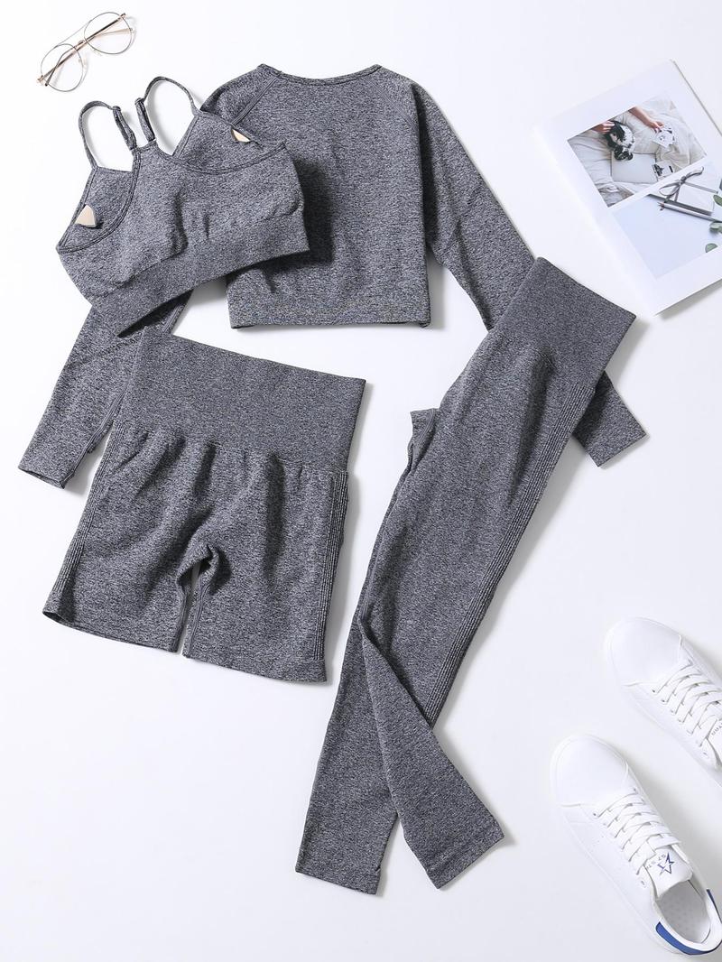 Product Introduction of Women's Solid Sports Bra & High Waist Leggings & Raglan Sleeve Crop Tee & Shorts Tracksuit Set, Sporty Breathable Adjustable Strap Sports Bra & High Stretch Yoga Leggings & Top & Shorts, Ladies Sportswear for Indoor Outdoor Wear, Gym Sets for Women 9