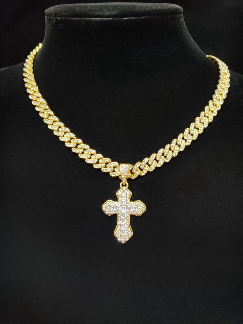 Product Introduction of 2024 Trendy Rhinestone Cross Pendant Necklace for Men & Women,  Punk Style Cuban Link Chain Jewelry Gift for Daily Decoration, Classic Fashion Accessories for Party, Club 6