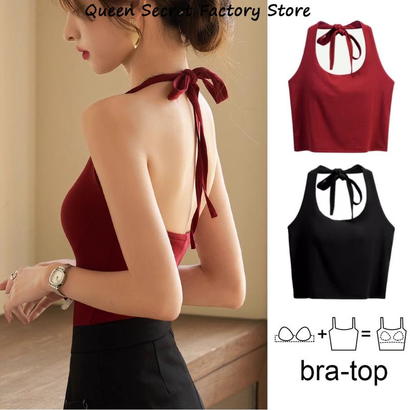  Áo Cổ Yếm Cổ Điển Dành Cho Nữ 95% Cotton Có Đệm Ngực Màu Đỏ Lưng Đẹp Áo Crop Top Áo Trễ Vai Cỡ S-XL 