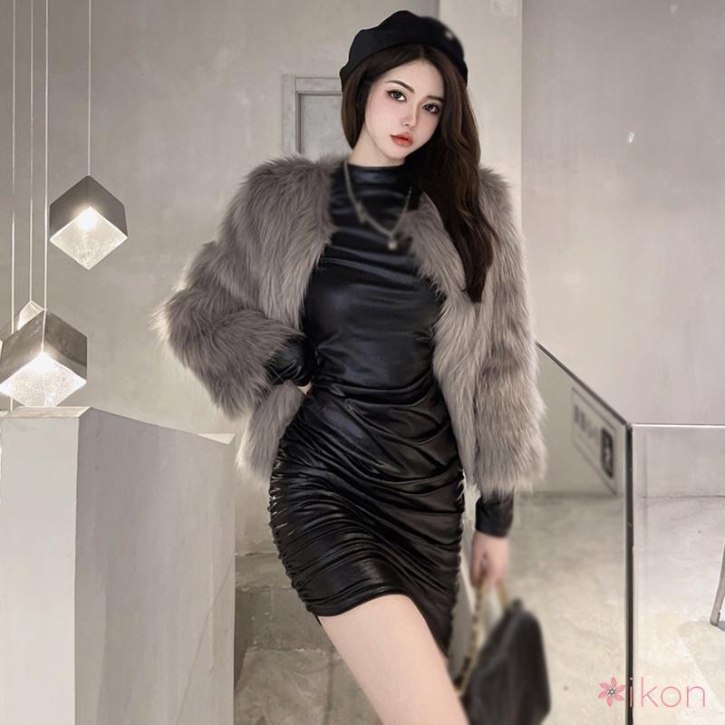 Đầm Bodycon Dành Cho Phụ Nữ, Cổ Chữ O, Ôm Vừa Vặn, Làm Bằng Da PU, Tay Áo Dài 4