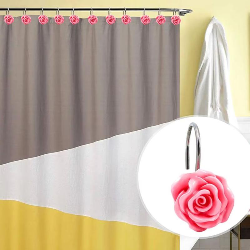 Product Introduction of 12Pcs Smooth Glide Rose Flower Design Shower Curtain Hook Free Sliding Decorative Hooks Shower Curtain Rings Rustproof Anti-Drop Shower Rod Ring Bathroom 14