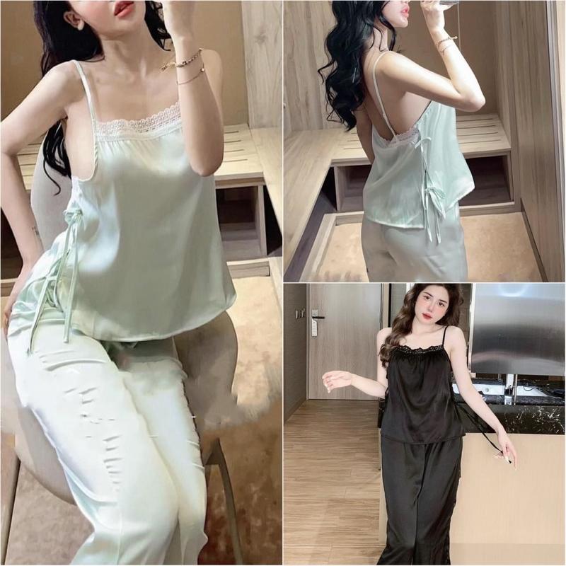 Sét đồ bộ  ngủ hai dây lụa latin phối ren mộc mềm mịn siêu xinh cho nữ - chất siêu mềm thấm hút mồ hôi Lụa Trơn Mùa đông Mùa hè Nâu Women Voi Áo