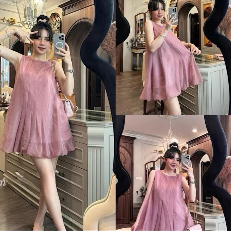 Đầm Tơ Nữ Babydoll Cổ Tròn Dáng Xòe, Váy Sát Nách Xòe Bồng Bềnh Tone Màu Hồng Tím Nhẹ Nhàng Diện Du Lịch, Đi Chơi