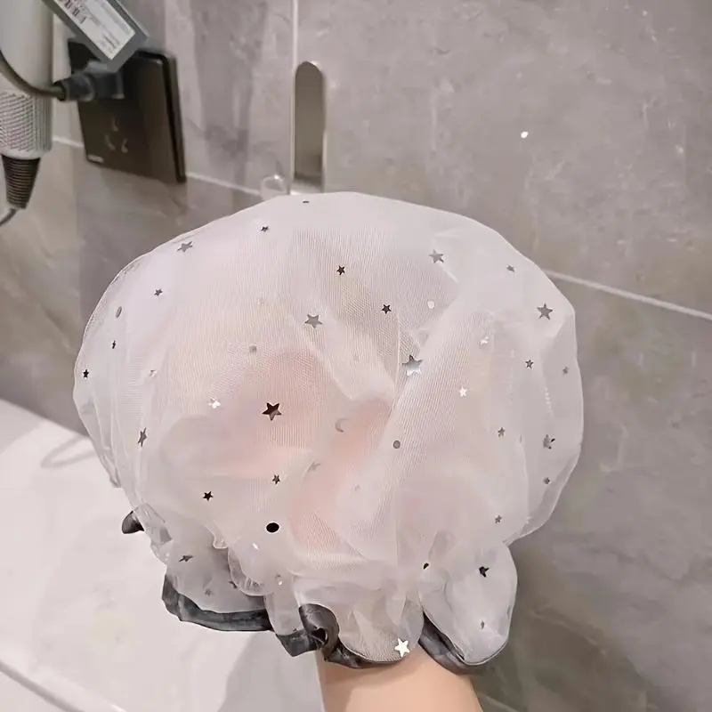 Star Pattern Shower Cap, 1 Count Mesh Design Shower Cap, Double Layer Waterproof Shower Cap, Everything Shower Products, Bathroom Supplies