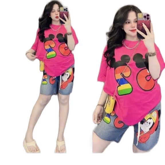  Set quần lửng ngố jeans và áo thun form 15kg-65kg chất vải cotton 4c Nữ 