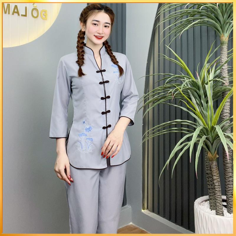 Đồ Lam Đi Chùa Nữ - Bộ Pháp Phục Truyền Thống Áo Thêu Sen Tay Dài Phối Viền Màu Vải Kate Dành Cho Phật Tử - AL009 Top
