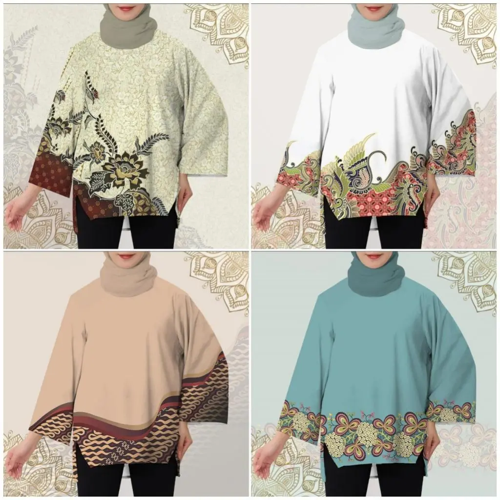 2024 Baju Daily Muslim Shirt Floral Print Muslim Sportswear Loose Slit Muslim Long Sleeve Shirt