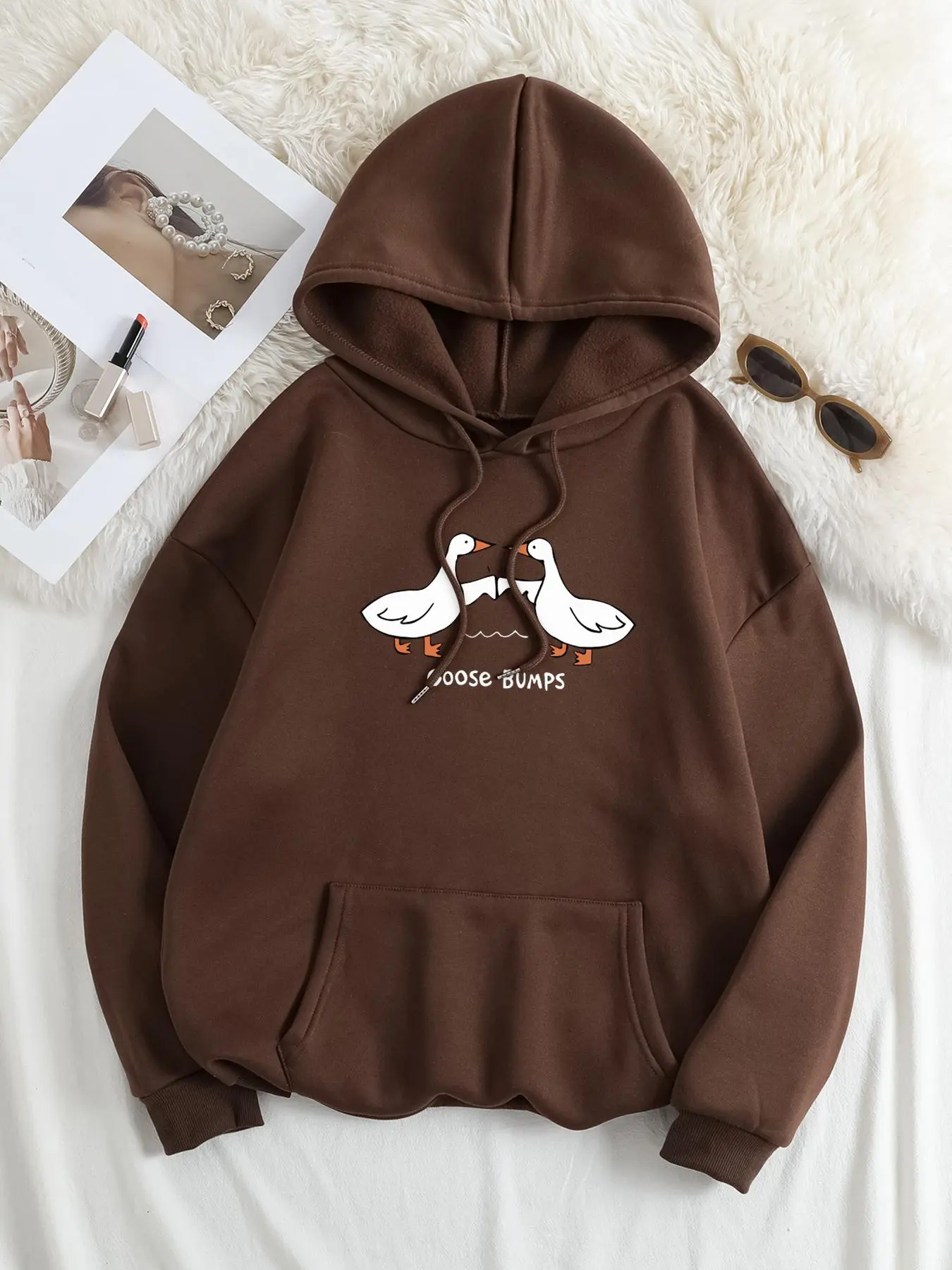 Plus Size Cartoon Goose & Letter Print Drop Shoulder Hoodie, Fashion Casual Drawstring Pocket Hooded Sweatshirt for Daily Holiday Outdoor Wear, Women Plus Clothing for Fall & Winter