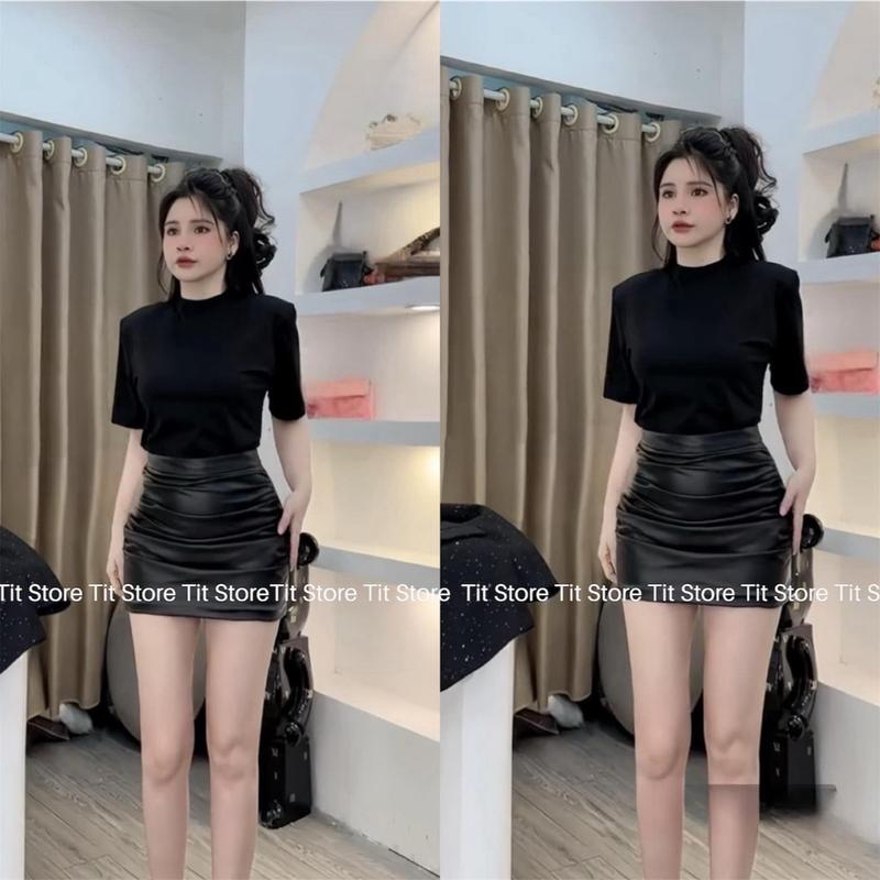 Set chân váy da phối áo phông basic thanh lịch TÍT STORE ( đọc kĩ mô tả eo dưới 73) Nữ Women-T1