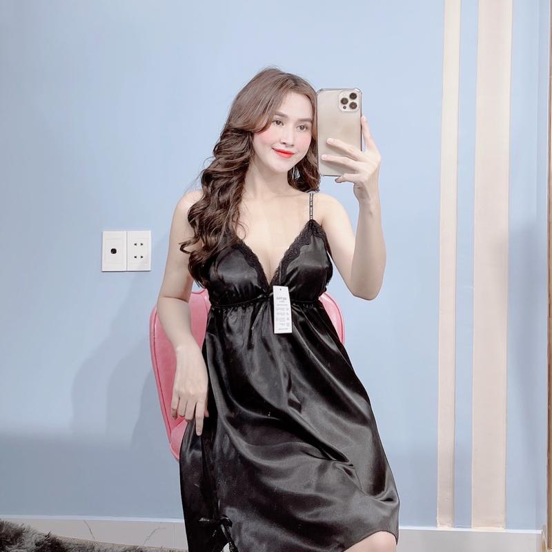 Váy ngủ 2 dây sexy chất lụa phi mềm mịn quyến rủ, phối ren xẻ tà hai bên có nơ D1 1