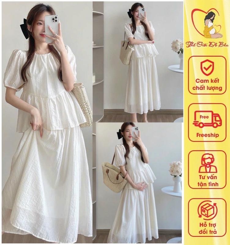 Set Đầm Váy Bầu Sang Chảnh Cộc Tay Mùa Hè Chất Liệu Tơ Tằm Cao Cấp, Gồm Áo Babydoll Và Chân Váy Dáng Dài, đi chơi đi làm Màu Trắng Nữ Women váy  bầu