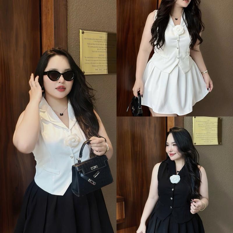 Bộ vest gile kèm hoa 55-90kg Quỳnh như bigsize chất tuyết mưa đen trắng Nữ Áo Kem Nhung Top Women