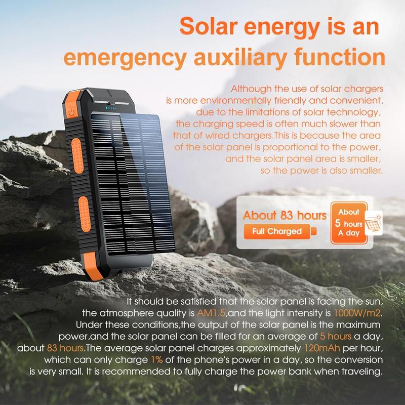 10000mAh Solar Power Bank, Dual USB Output Port Waterproof Power Bank with LED Light, Solar Phone Charger for iPhone & Android, Stocking Fillers Gift, Travel Gadgets, Electronics Accessories 7