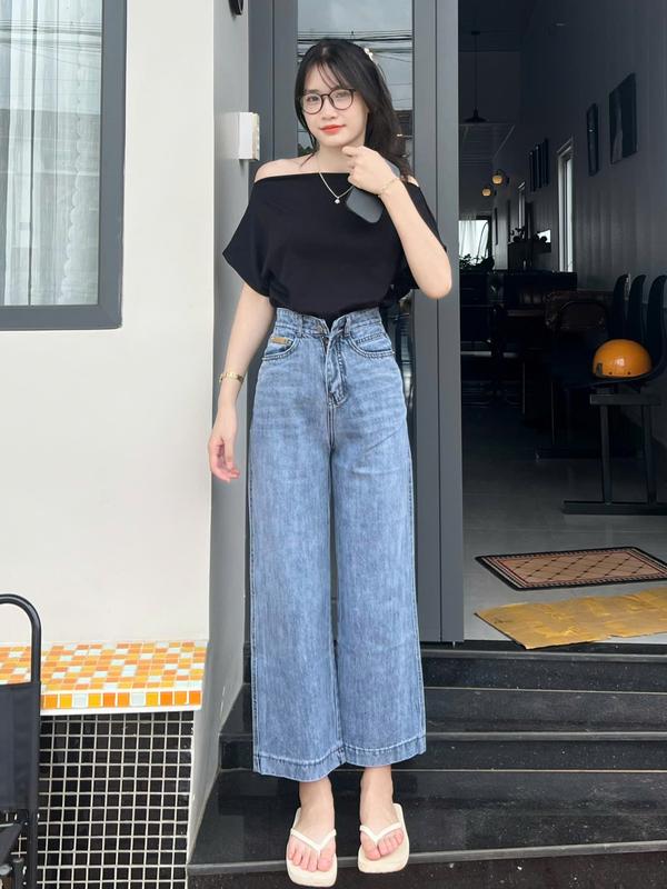 Quần bò nữ ống rộng thêu nơ nhỏ túi sau, chất vải mềm mại không co giãn ống suông Women's Jeans 7