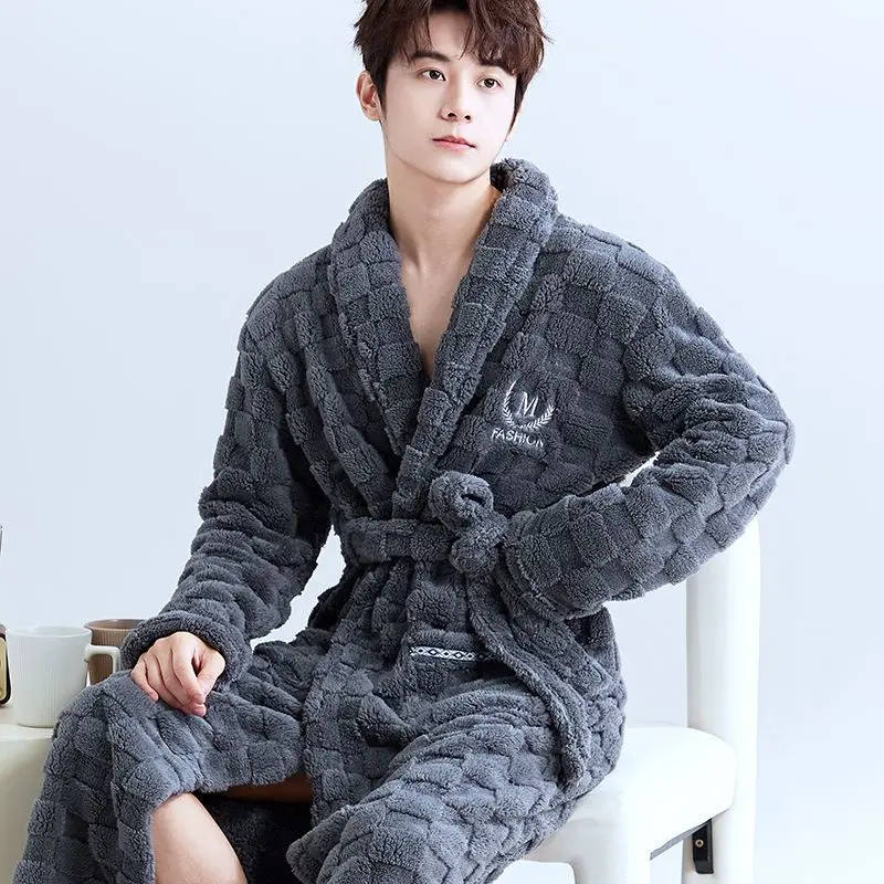 Men's Nightgown Autumn and Winter Fleece-lined Thickened Flannel Coral Fleece Mid-Length plus Size Loose New Bath Towel Pajamas Bathrobe Menswear Nightwear