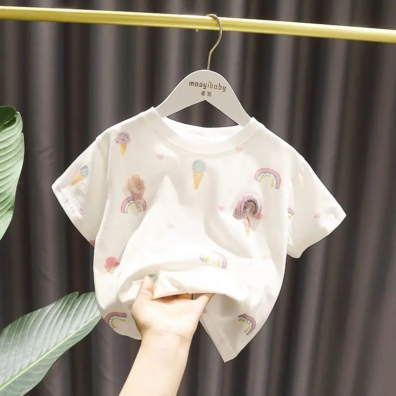 Áo Thun ngắn Tay Cho Bé Gái, Hàng Mới Về 2024, Mỏng, Làm Bằng Cotton, Thích Hợp Cho Mùa Hè Cho Trẻ Em, Áo Mùa Hè Cho Bé, Tay Lửng Cho Trẻ Mới Biết Đi