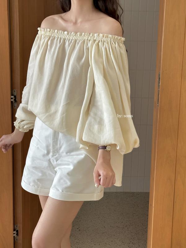 Áo trễ vai tay phồng linen tưng vân gỗ - Bona Top