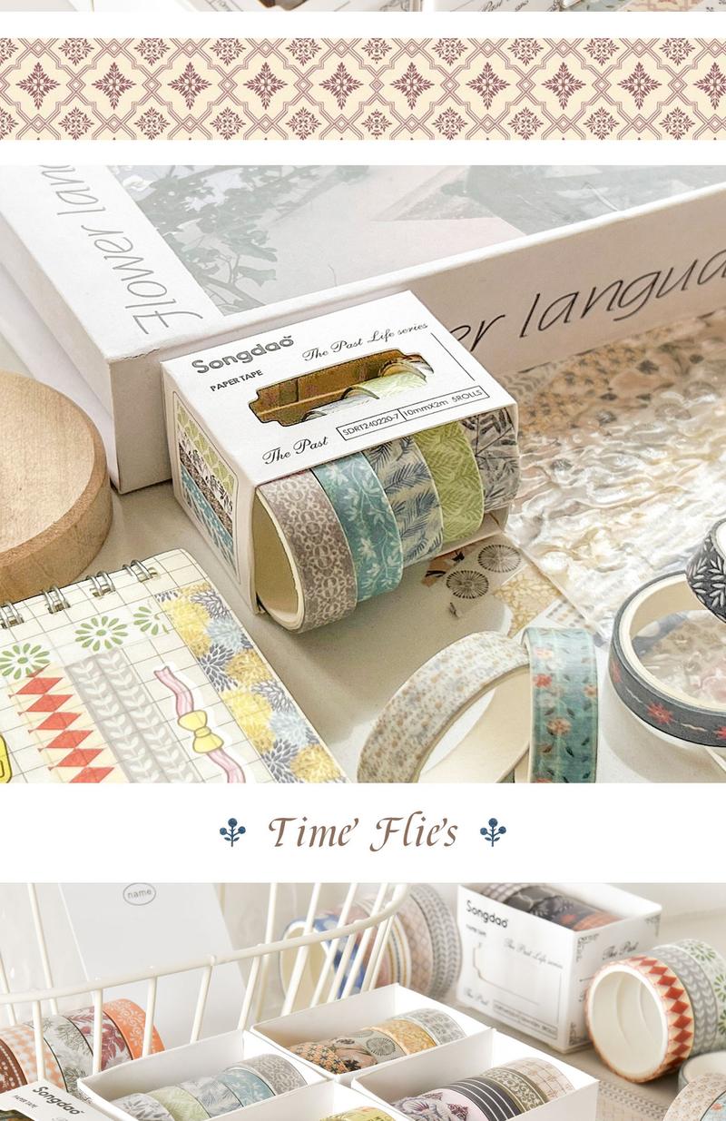Product Introduction of [SG] Washi Tape Set For DIY Decorative 10mm x 2M x 5 Rolls Passing Time Series Washi Tape 7