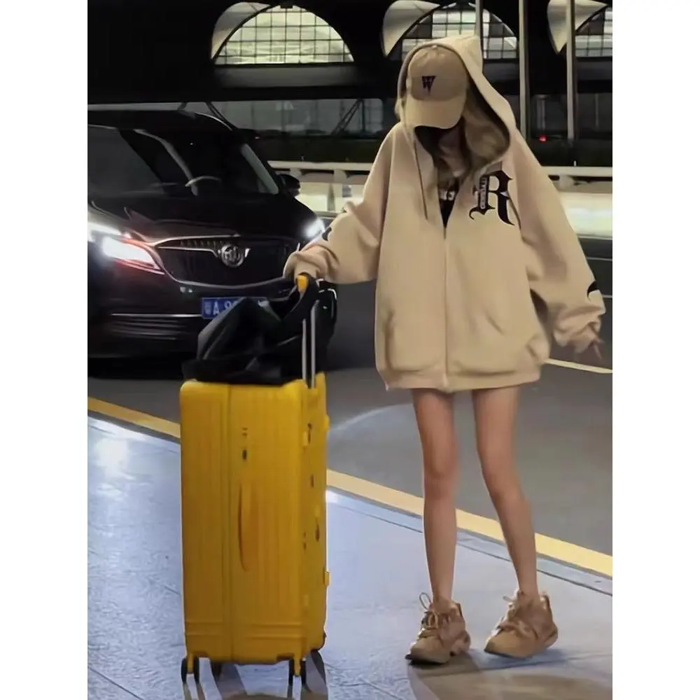 Stunning [Patch Embroidery] High Street Harajuku Style Sweatshirt for Women Oversized Internet Celebrity Hooded Zipper Loose Jacket Footwear