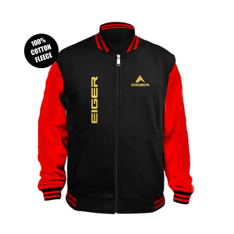 Jaket varsity bahan tebal dan lembut eiger text kiri kana goldd 1