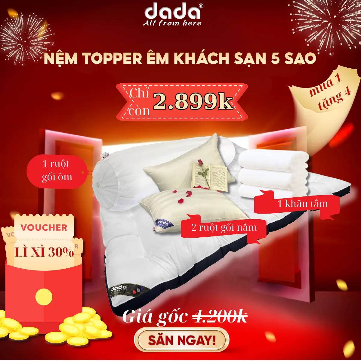 Nệm Topper Lông Vũ Microfiber Tiêu Chuẩn Hạng Phòng Tổng Thống President DADA - Dày 9cm