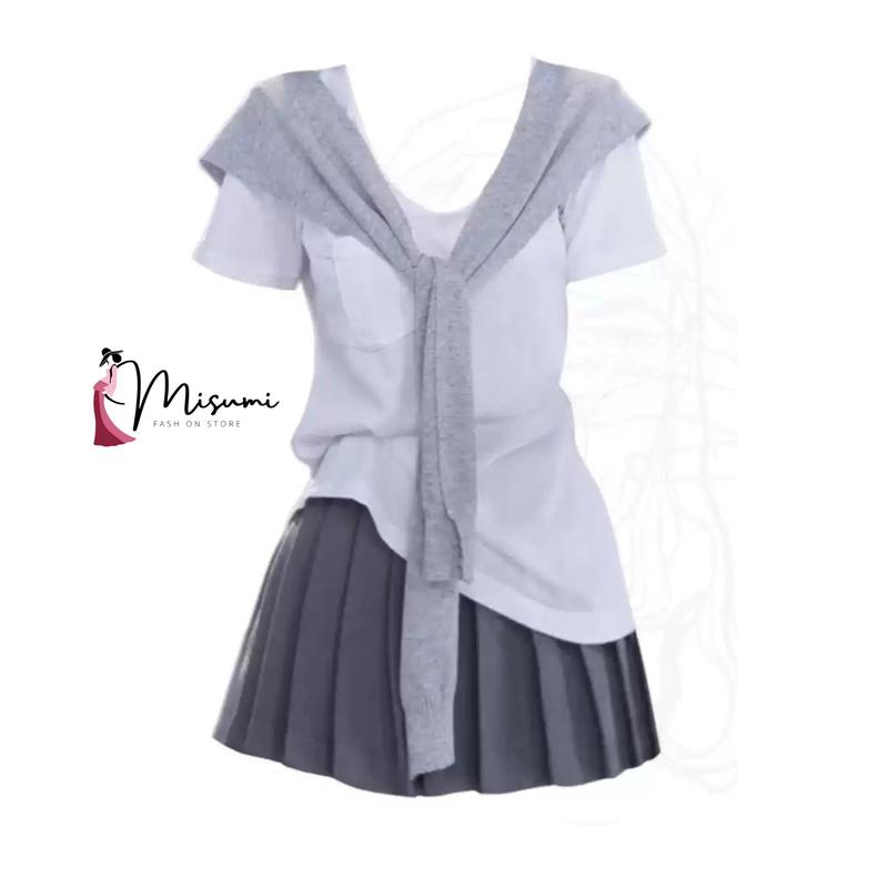 Sét váy MISUMI gồm áo thun ngắn tay, chân váy xếp ly kèm khăn choàng phong cách Hàn Quốc ngọt ngào dễ thương SET6 0