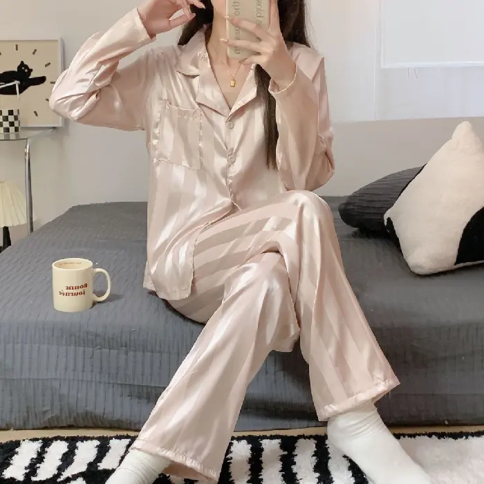 GS1240 banyak Motif piyama kancing satin baju tidur setelan wanita lengan panjang 1