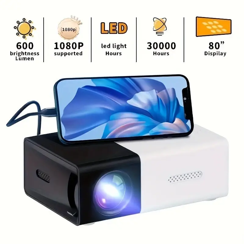 โปรเจ็กเตอร์แบบพกพา, ใหม่ในปี 2568 (2568), 1080P HD, หมุนได้ 360°, HDMI, สมาร์ทโฮมเธียเตอร์, โปรเจ็กเตอร์ไร้สาย, เหมาะสำหรับการตั้งแคมป์กลางแจ้ง, กันน้ำและกันเหงื่อ hy300 projector t2  mini  projector