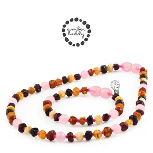 Amber Buddy | LE553 Kalung & Gelang Bayi Baltic Amber kombinasi Rose Quartz. 32cm & 14cm