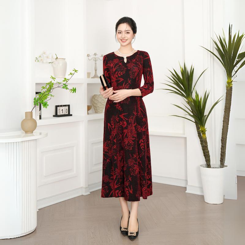 Đầm trung niên nữ thiết kế LYBEE LV955 cổ tròn thời trang chất thun kim sa ánh nhũ co giãn cao cấp Kim Tuyến Women