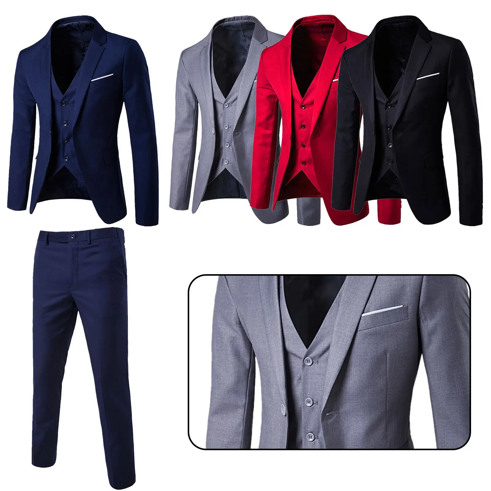 Lefeile 1 Set Blazer Vest Pants Set Solid Color Korean Style Slim Single-Breasted Vest Coat Zipper Closure Trousers for Wedding