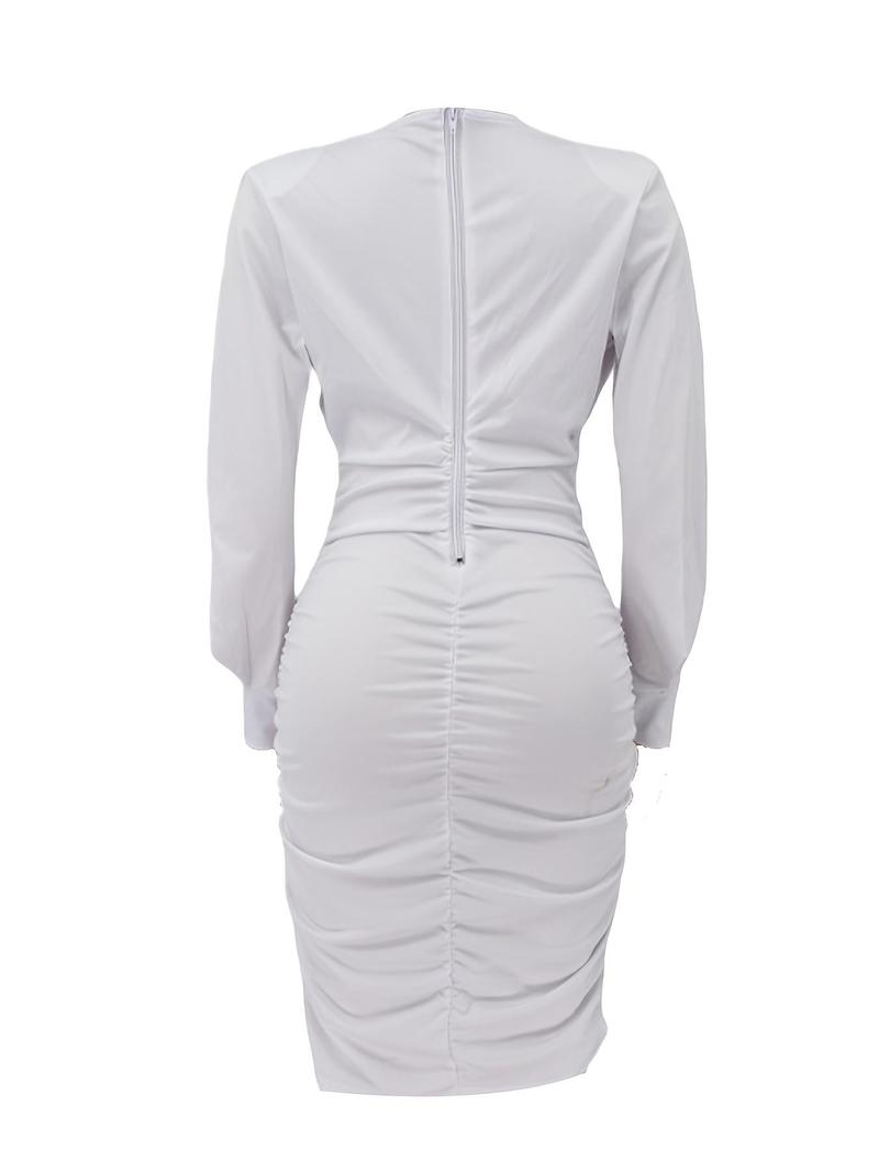 Product Introduction of Women's Plain Ruched Deep V Neck Bodycon Dress, Casual Bishop Sleeve Zipper Back Midi Dress for Fall, Women's Clothing for Daily Wear 8
