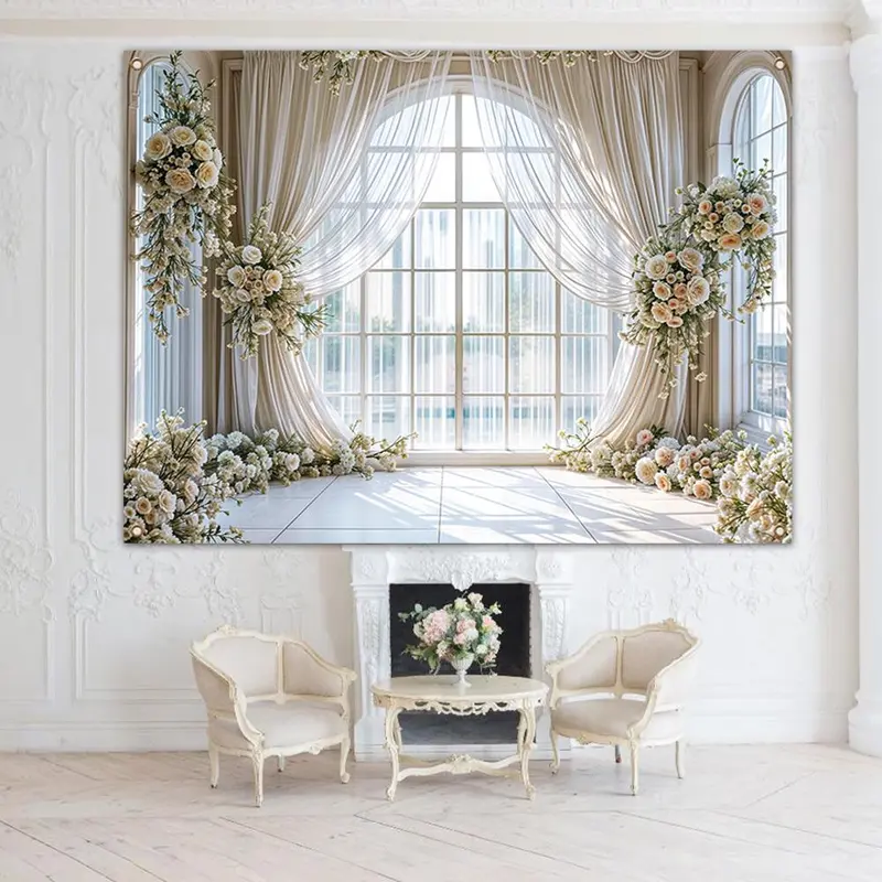 Wedding Themed Backdrop, 1 Count Flower & Curtain Pattern Backdrop, Decorative Banner for Photography Studio, Living Room & Bedroom Celebration 6