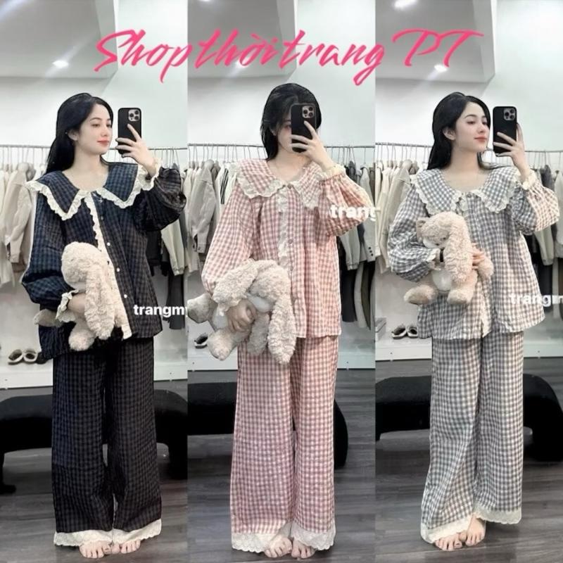 SET botieuthu. Kem BỘ NGỦ DÀI KẺ CARO VIỀN BÈO .Set pijama nữ dài tay thu đông form dày dặn sieu dễ thương cá tính Nhung Kaki Voi do boxinh đồ muji pizamanu ren đồbộ mặc Áo bộtết