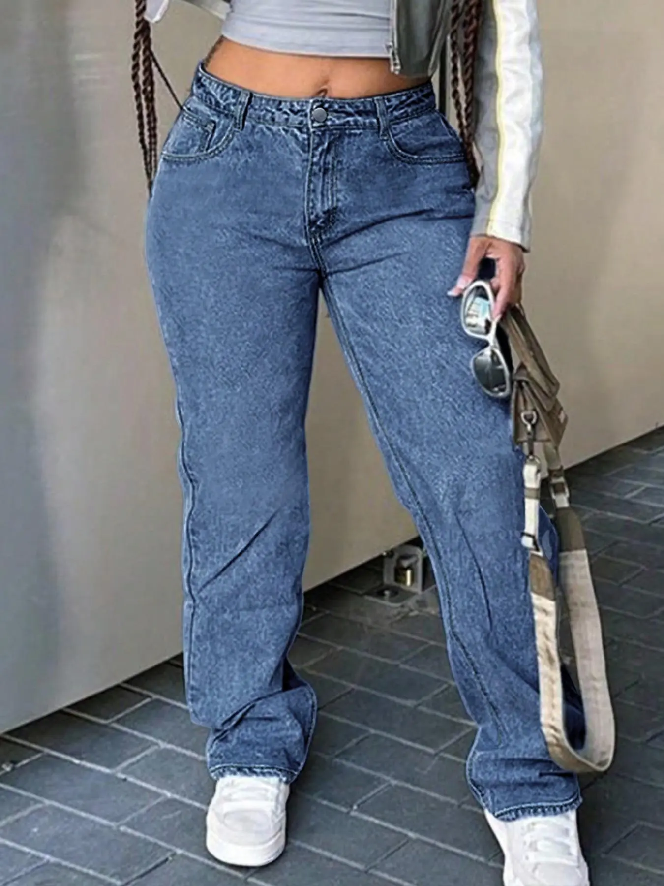 Women's Plain Button Fly Straight Leg Denim Jeans, Casual Pocket Design Trousers for Daily Wear, Ladies Wide Leg Bottoms for All Seasons