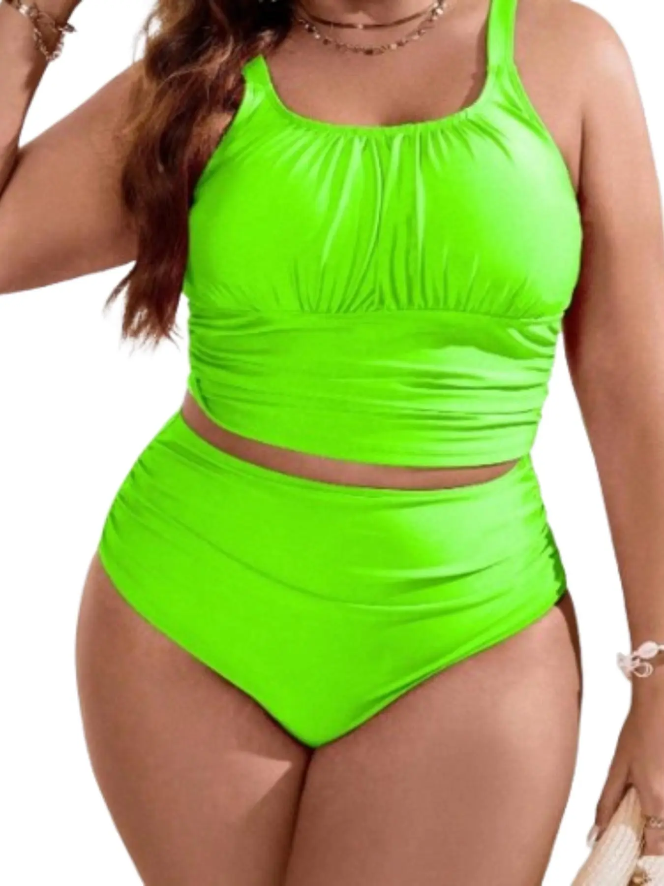 【Plus Size】 Solid Color Ruched Design Tankini Set, Casual Sleeveless Swim Top & Swim Bottom Two-piece Swimsuit for Women, Women's Swimwear for All Seasons