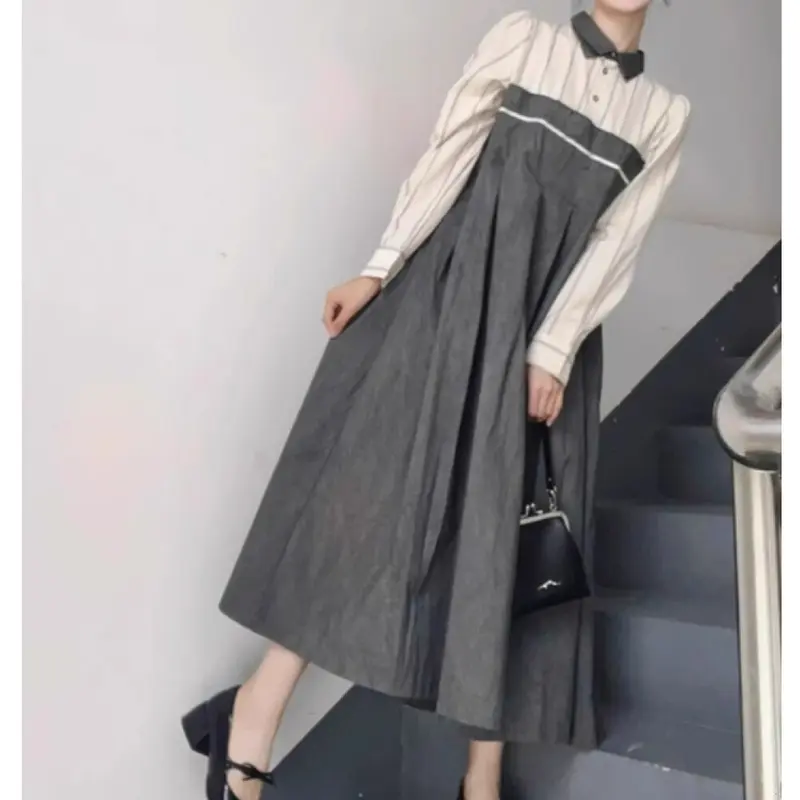 FADFAD - Gaun Wanita Lengan Panjang Gaya Korea - Kombinasi Motif Garis & Polos Elegan - Model Slim Fashionable - Cocok untuk Kantor, Hangout & Acara Formal 4