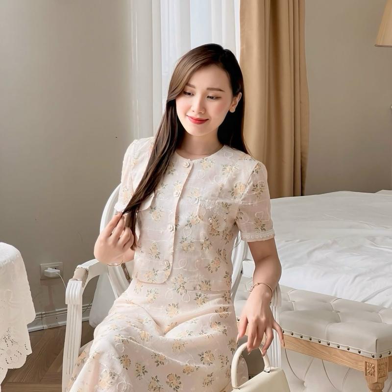 Lita set bộ váy kèm áo hoa vàng cổ tròn tay ngắn mặc đi làm đi tiệc thanh lịch sang trọng V092 Nữ Women Voan Kem Dress 8