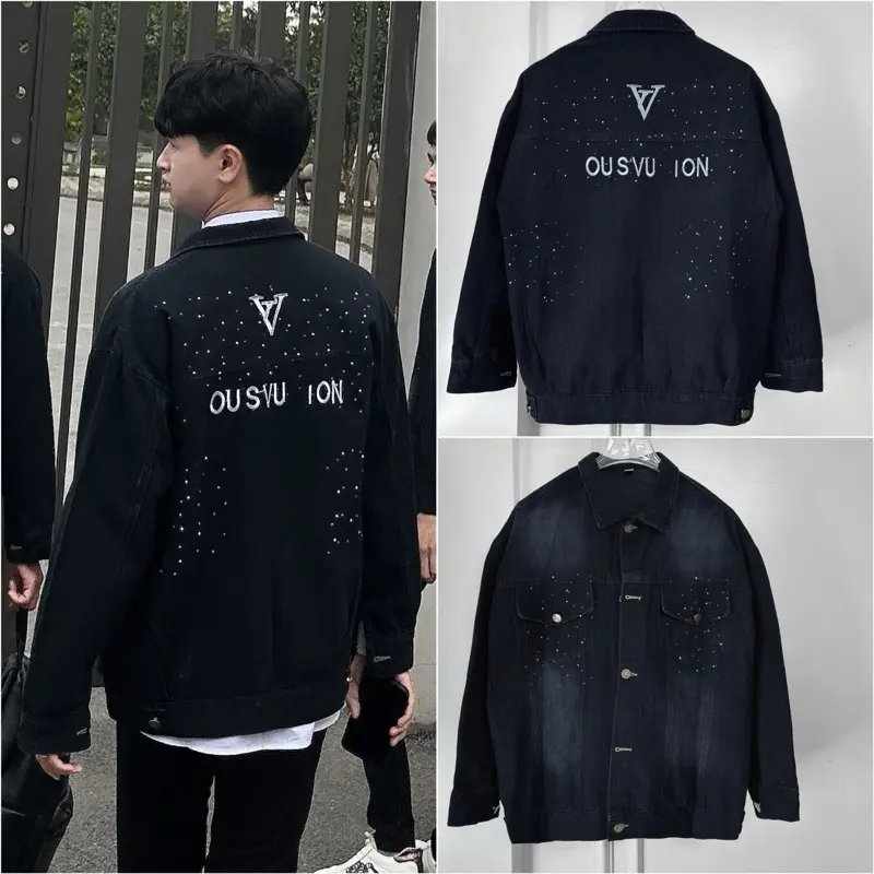 Áo Khoác Bò [ Màu Đen Khói Ép Đá lấp lánh thêu chữ Lưng ] From rộng unisex