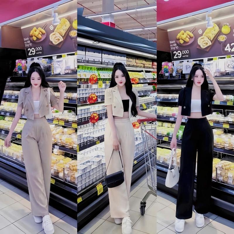 Set bộ nữ 3 món áo croptop cổ vest ngắn tay kèm lót tăm gân mix quần dài ống suông xịnh xắn tôn dáng dành cho nàng diện di chơi,di tiệc. women top