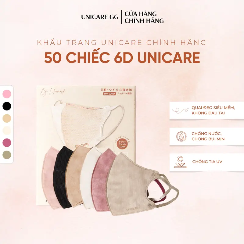 [TRỢ GIÁ HÔM NAY] UNICARE 6D (Thùng 50) Khẩu Trang Promax Cao Cấp Không Đau Tai, Chống Nước, Chống Tia UV, Phụ Kiện Che Mặt 5