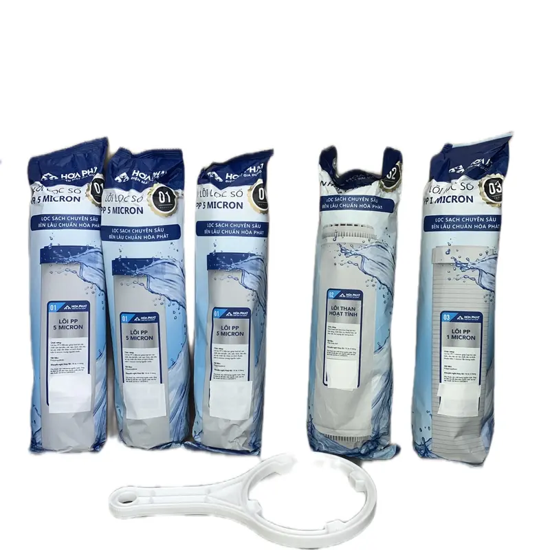 (Tặng tay công mở ) Bộ 5 lõi lọc nước Hoà Phát bao gồm 3 lõi 1 , một lõi 2 than hoạt tính , lõi 3 PP 1 micromet dùng thay thế cho máy lọc nước RO sử dụng cốc lọc 10 inch, chức năng lọc tạp chất rong rêu bùn đất, mùi màu không tốt trong nước 1