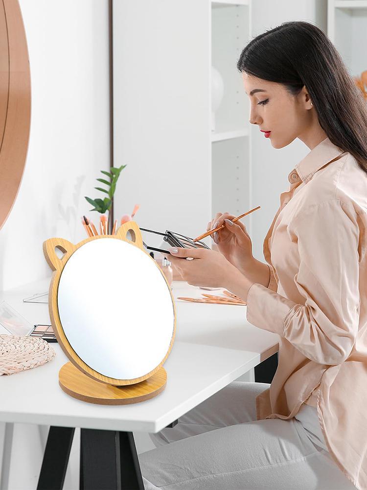 Product Introduction of Makeup Table Mirror, Stylish Wooden, Cat Ear Design, Angle Adjustment, Round Mirror, Home Use, Bathroom Bedroom, Travel Camping 14