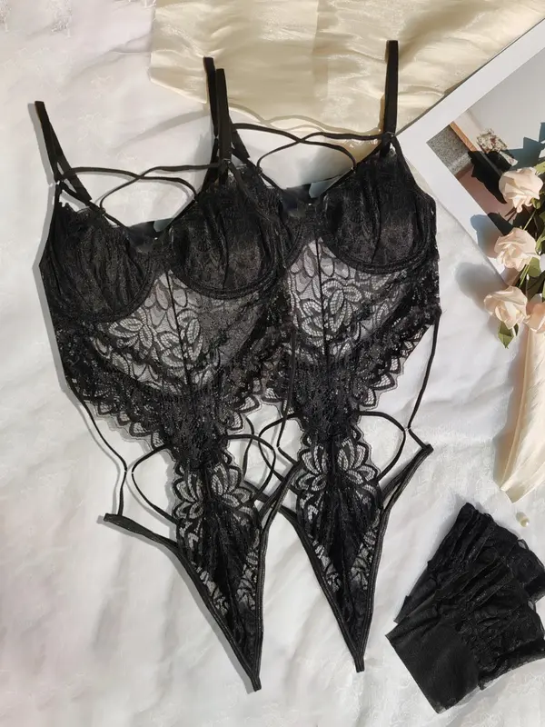 Women's Contrast Lace Sheer Lingerie Set, Sexy Lace Up Criss Cross Backless Cami Bodysuit & Thong One-piece & Stockings Set, Women's Lingerie & Underwear Set for All Seasons 4