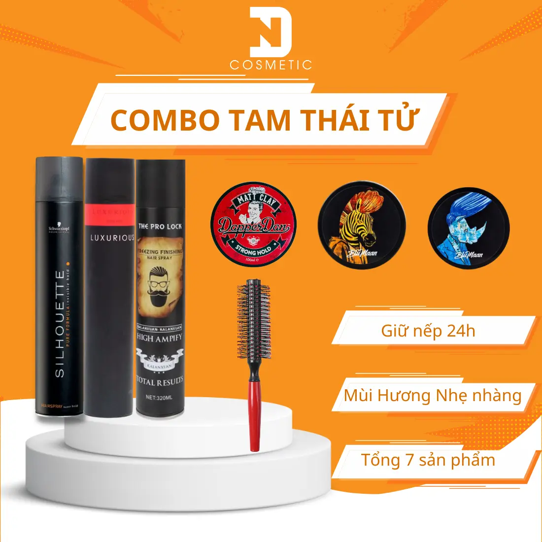 Combo TAM THÁI TỬ 3 sáp kèm 3 gôm xịt tóc siêu cứng giữ nếp 24h tặng lược tròn